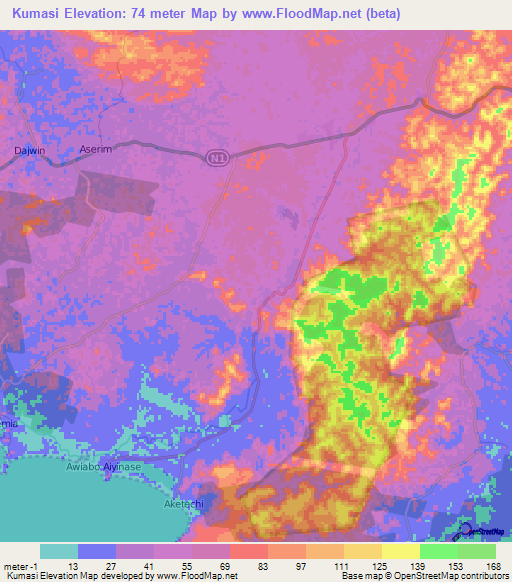 Kumasi,Ghana Elevation Map