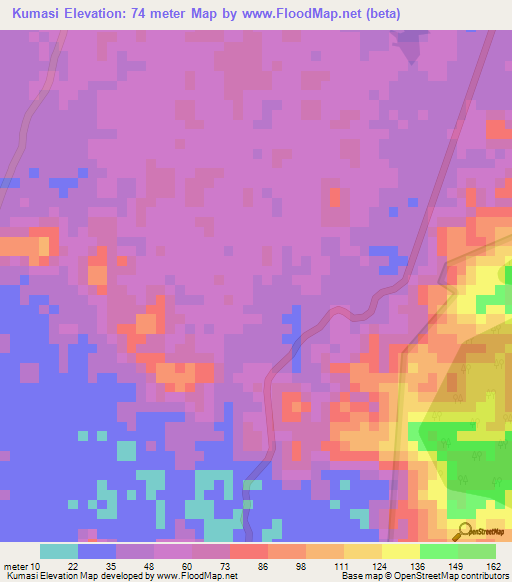 Kumasi,Ghana Elevation Map