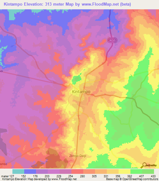 Kintampo,Ghana Elevation Map