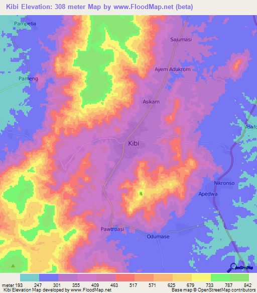 Kibi,Ghana Elevation Map