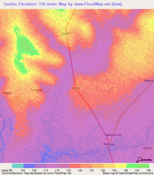 Gushie,Ghana Elevation Map