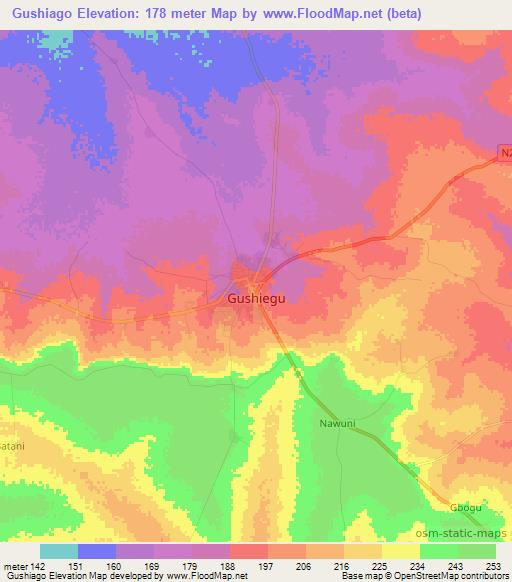 Gushiago,Ghana Elevation Map