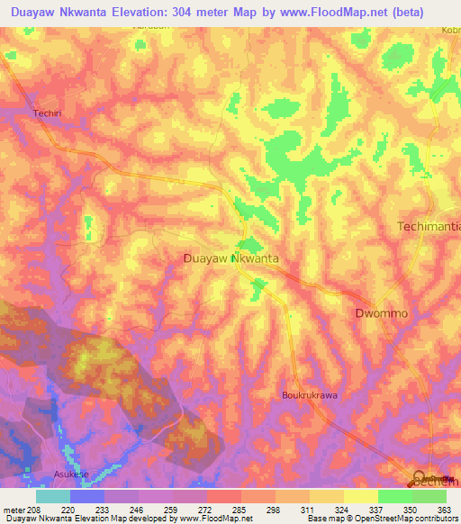 Duayaw Nkwanta,Ghana Elevation Map