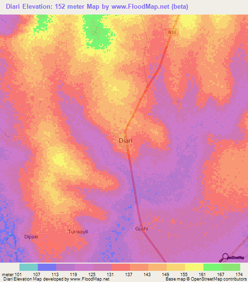 Diari,Ghana Elevation Map