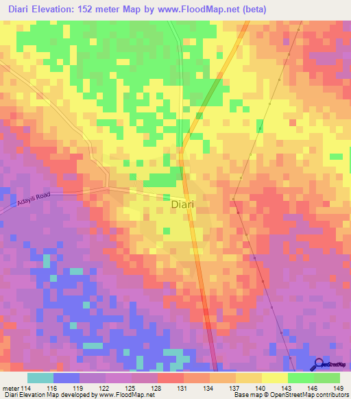 Diari,Ghana Elevation Map