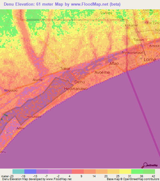 Denu,Ghana Elevation Map