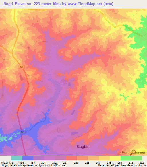 Bugri,Ghana Elevation Map