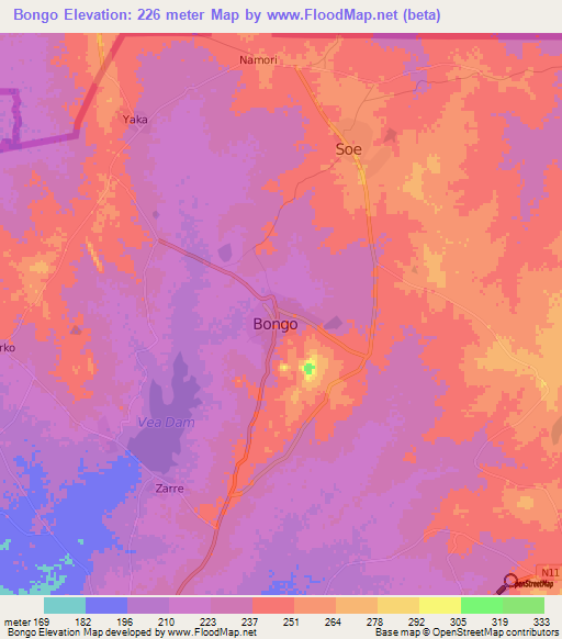 Bongo,Ghana Elevation Map