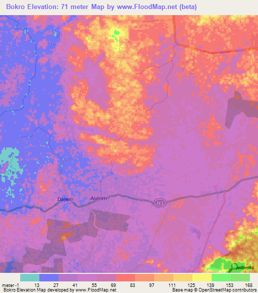 Bokro,Ghana Elevation Map