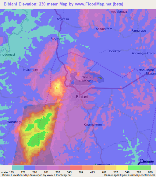 Bibiani,Ghana Elevation Map
