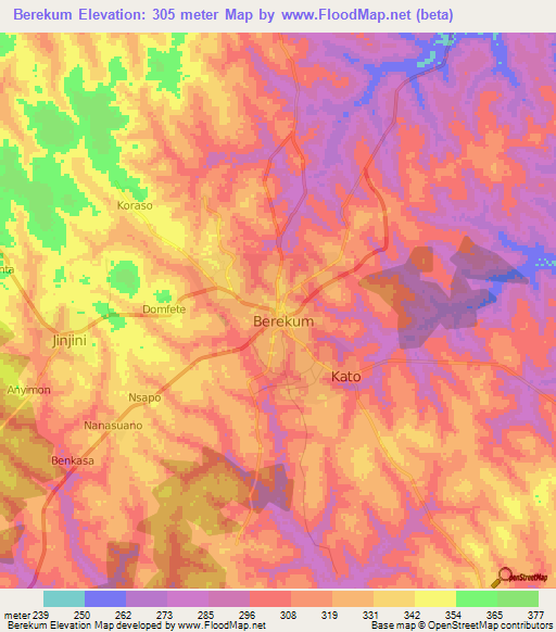 Berekum,Ghana Elevation Map