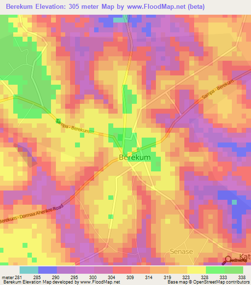 Berekum,Ghana Elevation Map