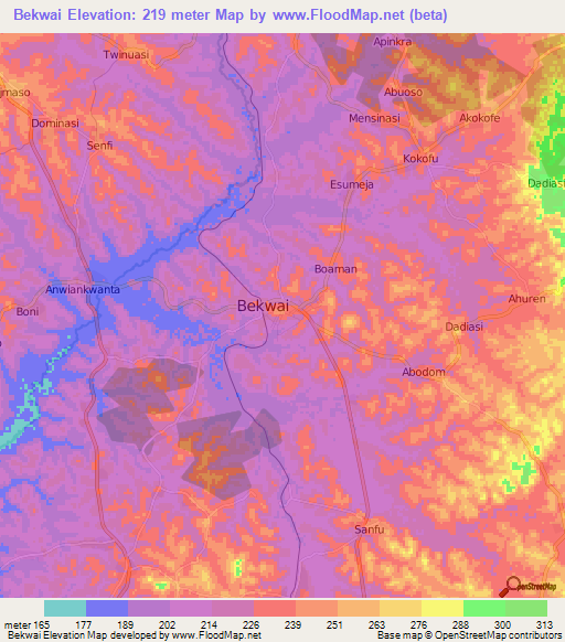 Bekwai,Ghana Elevation Map