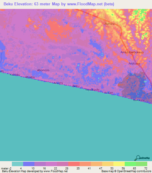 Beku,Ghana Elevation Map