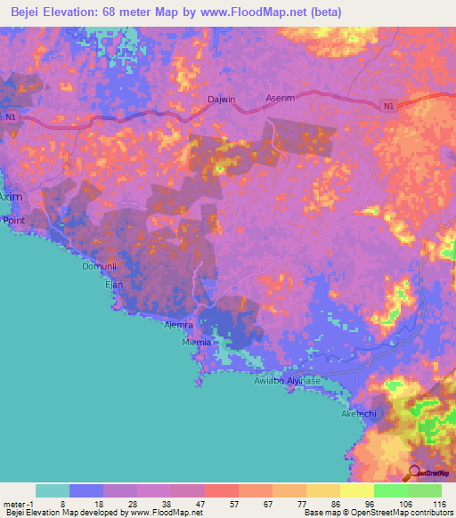 Bejei,Ghana Elevation Map