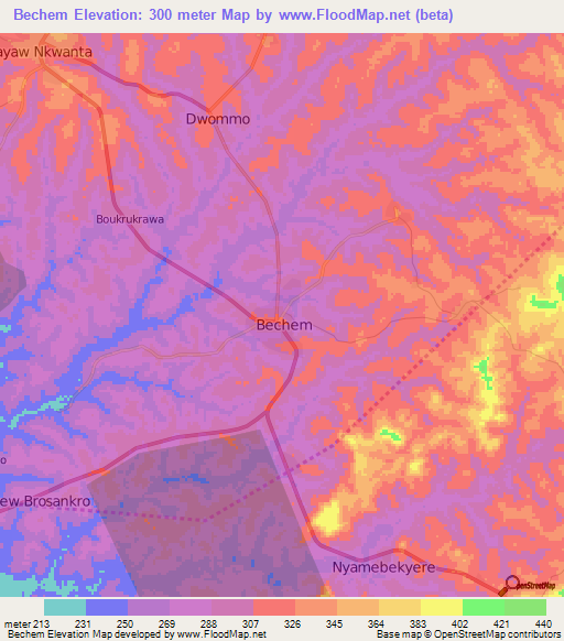 Bechem,Ghana Elevation Map