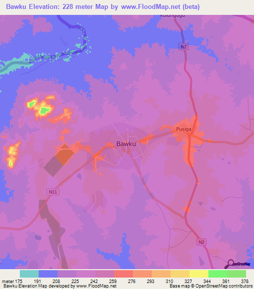 Bawku,Ghana Elevation Map