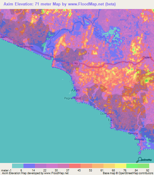 Axim,Ghana Elevation Map