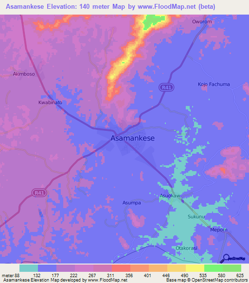 Asamankese,Ghana Elevation Map