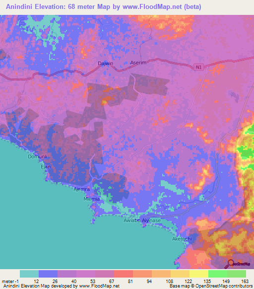 Anindini,Ghana Elevation Map