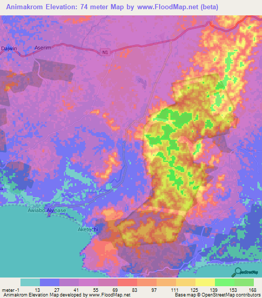 Animakrom,Ghana Elevation Map