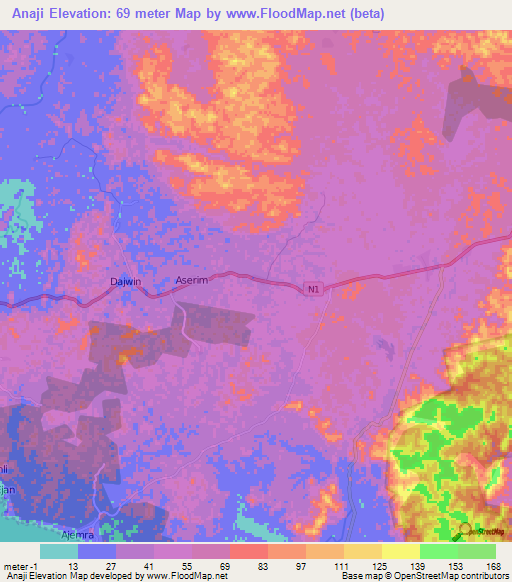 Anaji,Ghana Elevation Map