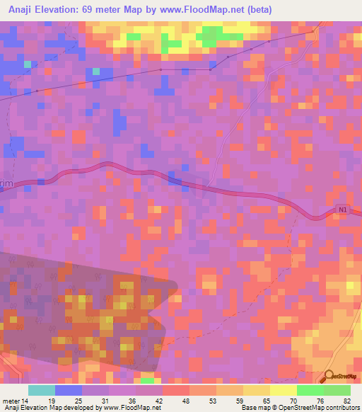 Anaji,Ghana Elevation Map