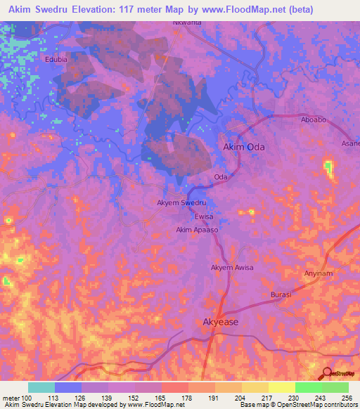 Akim Swedru,Ghana Elevation Map