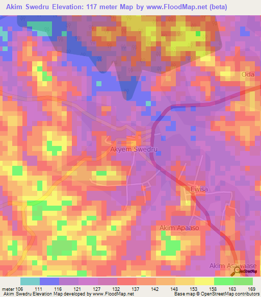 Akim Swedru,Ghana Elevation Map