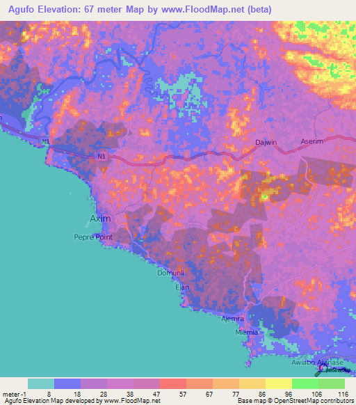 Agufo,Ghana Elevation Map