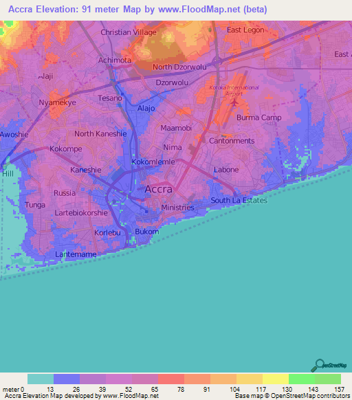 Accra,Ghana Elevation Map