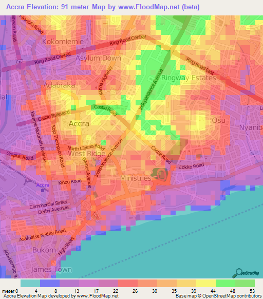 Accra,Ghana Elevation Map