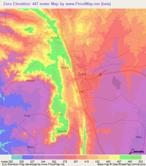 Zuru,Nigeria Elevation Map