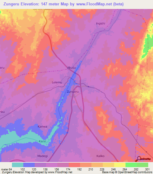 Zungeru,Nigeria Elevation Map