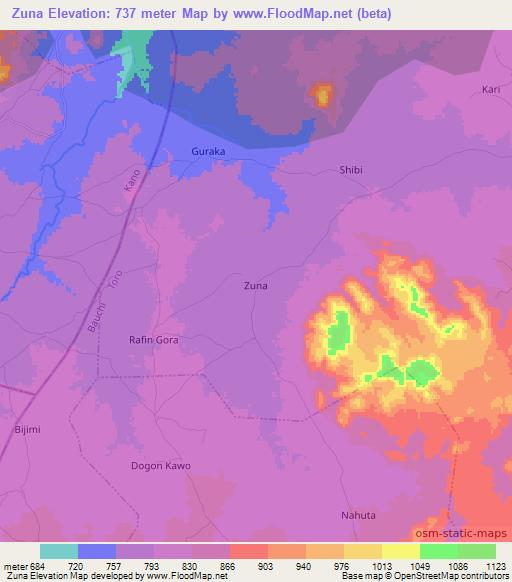 Zuna,Nigeria Elevation Map