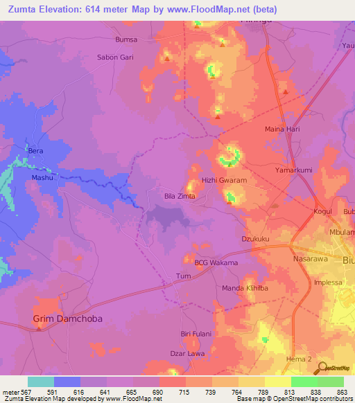 Zumta,Nigeria Elevation Map