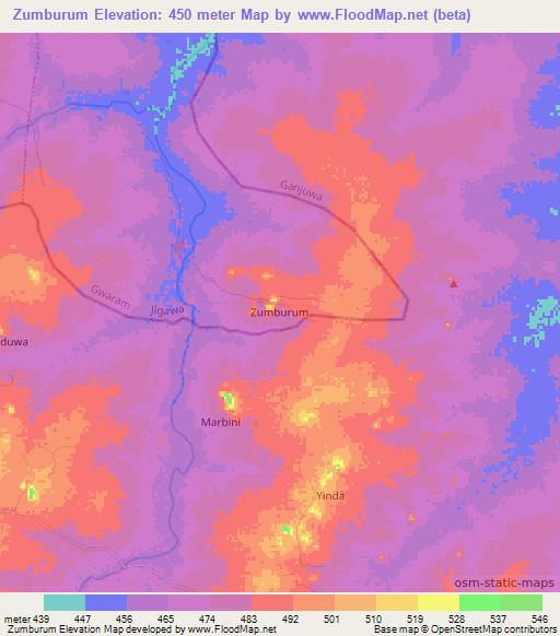 Zumburum,Nigeria Elevation Map