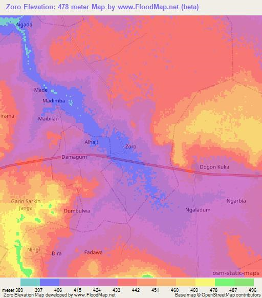 Zoro,Nigeria Elevation Map