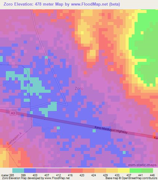 Zoro,Nigeria Elevation Map