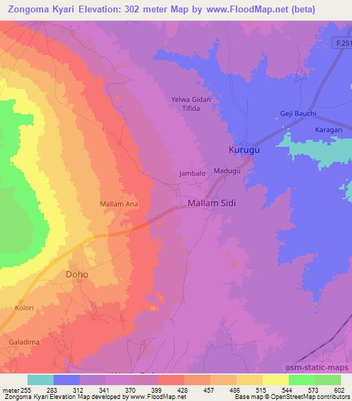 Zongoma Kyari,Nigeria Elevation Map