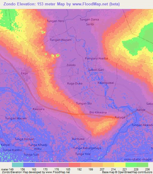 Zondo,Nigeria Elevation Map