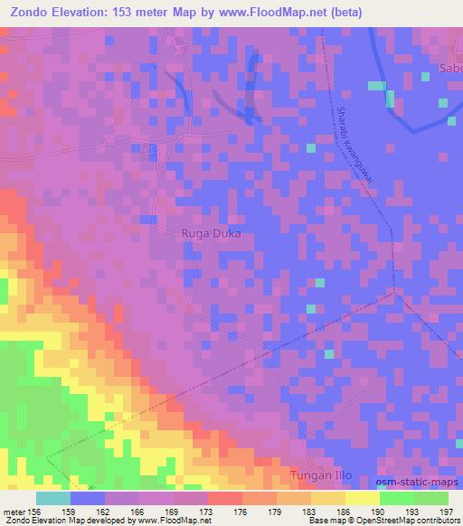 Zondo,Nigeria Elevation Map