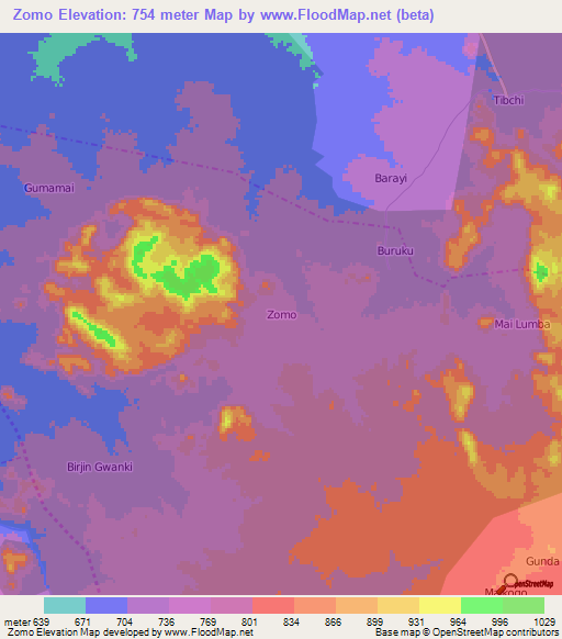 Zomo,Nigeria Elevation Map