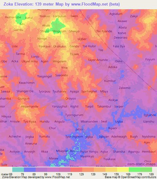 Zoka,Nigeria Elevation Map