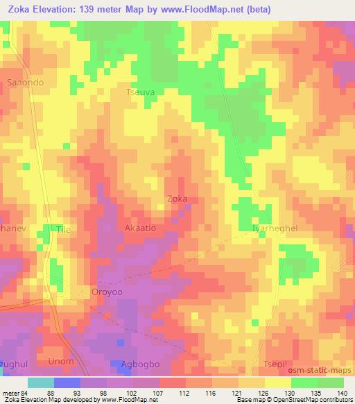 Zoka,Nigeria Elevation Map