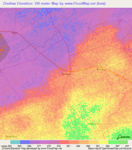 Zindiwa,Nigeria Elevation Map