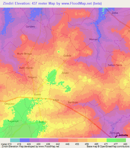 Zindiri,Nigeria Elevation Map