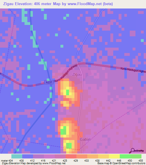 Zigau,Nigeria Elevation Map