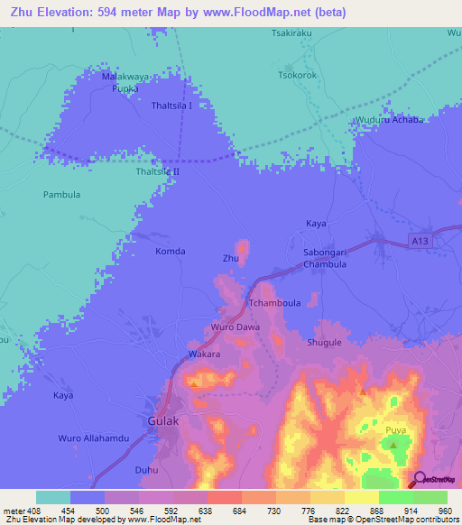 Zhu,Nigeria Elevation Map