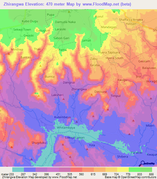 Zhirangwa,Nigeria Elevation Map